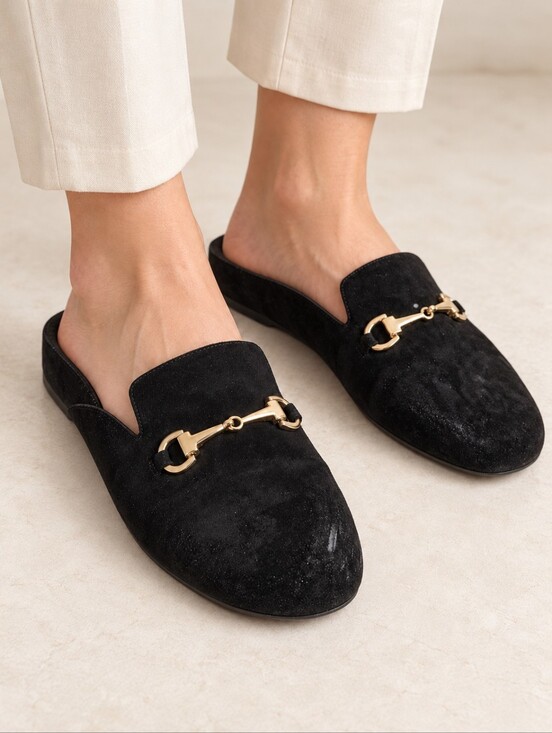 Alfani Shoes - Alfani Tinslee Black Velvet Horsebit Loafer Mules Size 9 Slip On Flats Gold Trim